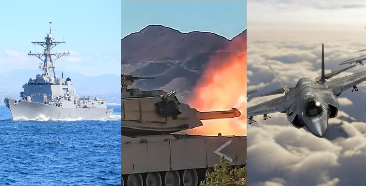 three pictures of military aircraft, tanks, and ship
