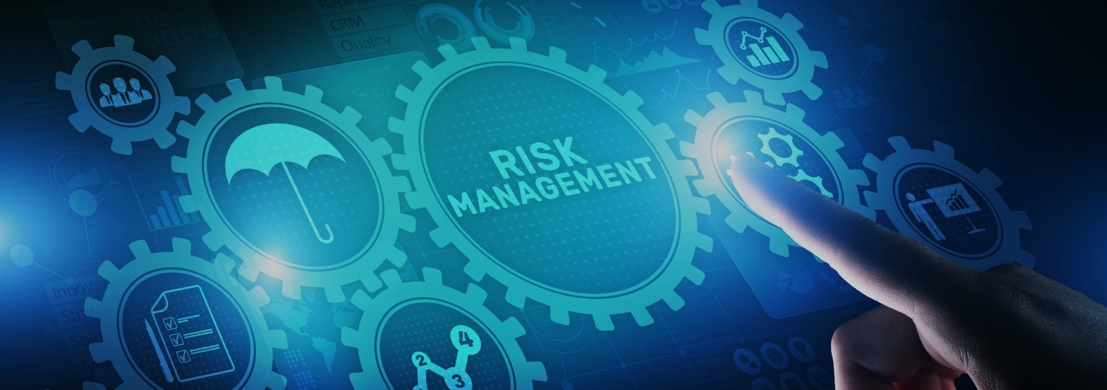 A hand pointing to the word risk management on a blue background.